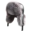 Zdfurs*Vinter Men's 100% Real Silver Fox Fur Bomber Hat Raccoon Fur Ushanka Cap Trapper Russian Man Ski Hats Caps Real Leather 231227