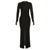 Casual Dresses Cross Twist Bodycon Maxi Evening Party Dress Women Elegant Gloves Full Sleeve High Split Stretch Long Birthday Robe Clubwear