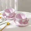 Taza de cerámica de 250 ml, tazas de flores pequeñas de color púrpura pintadas a mano retro japonesas con platillos, juego de tazas de café irregulares pellizcadas a mano 231226