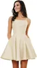 Elegant Short Satin Homecoming-klänningar med fickor A-Line Robes Kne Led Length Spaghetti Prom Party Dress for Girls 231227