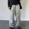 Harajuku gewaschene Cargohose mit mehreren Taschen und weitem Bein, amerikanische Straße, lockere gerade Jeans, Hip Hop, lässige Wischhose 231227