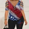 Women's Tracksuits 2024 Spring Summer Flag Printed V-neck Half Sleeve Off-the-Shoulder Top Shorts Two-Piece Set