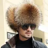 Zdfurs*Vinter Men's 100% Real Silver Fox Fur Bomber Hat Raccoon Fur Ushanka Cap Trapper Russian Man Ski Hats Caps Real Leather 231227