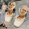 Sandaler String Bead Square Toe Modern Women Slippers Summer Thick High Heels Shoes Woman Pumpls Pearl Buckle Strap Sandalias 2023