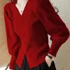 Kvinnors tröjor 2023 Korean Luxury Knitwear Collection Jumper Y2K Vintage in Red Ladies V-Neck Knitted Top for Women Pullover Trend