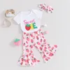 Kledingsets Peuter Baby Meisjes Outfit Witte Letter Borduren Romper Aardbeienprint Broek Hoofdband Kleding met korte mouwen