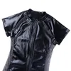 Black Wetlook Latex Catsuit Leather Man Jumpsuits S-3XL Stretch PVC Mesh Bodysuits Sexiga klubbkläder Män Öppna Crotch Vinyl Body Suit 231226