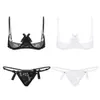 Women Open Cup Bra Top Sexy Cupless Exposed Breasts Underwired Bra with G-string See Through Sheer Lace Sexy Exotic Lingerie Set 231226