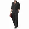 Men's Tracksuits Pieces Long Sleeve 2 Set Linen Summer Cotton Casual Pants Henley-Shirt Beach Yoga Outfits Pockets Suit With Male Clothes