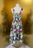 Womens Dress European Fashion brand cotton purple white floral printed sleeveless gathered waist midi dress