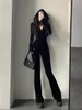 TVVOVVIN Mode Zwart Fluwelen Slanke Capuchon Rits Lange Mouw Flare Broek Jumpsuit Rompertjes Koreaanse Sexy Tops 9P64 231227