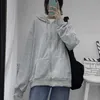 HOUZHOU Grey Zip Up Hoodie Women Autumn 2023 Korean Fashion Loose Casual Long Sleeve Oversize Hooded Sweatshirt Vintage School 231226