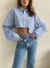 Damenblusen, abgeschnittene Bluse mit Tasche, modisch, lässig, weiß, bauchfreies Top, Hemd, lockere lange Ärmel, 2023 Herbst-Frauen-Outfits