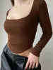 2023 Quadratkragen Langarm Langarm Casual Women T -Shirts Grüne Herbst Skinny Sexy Solid Basic Crop Tops Mode Mode