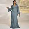 Casual Dresses Women Sexy Flare Sleevev Deep V Neck Gray Sequin Evening Party Prom Cocktail Long Mermaid Maxi Dress Female Clothing