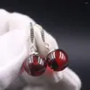 Dangle Earrings Real 925 Sterling Silver Women Lucky Red Garnet Ball