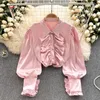 Women's Blouses Korean Women Casual Long Sleeve Ruffles Shirts Female Sweet Loose Pink Shiny Bottons Patchwork Fairy Tops Mujer Spring