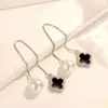 S925 boucles d'oreilles trèfle à quatre feuilles en argent sterling créateur de mode de luxe onyx avec diamants boucles d'oreilles exquises simples boucles d'oreilles pour femmes bijoux de luxe légers pour dames