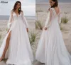 Romantic Polka Dots Tulle A Line Wedding Dresses Plus Size Deep V Neck Long Sleeves Lace Bohemian Country Bridal Gowns Sexy Thigh Split Backless Robes de Mariee CL3122