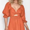 Casual Dresses Women Dress Hollow Out Low-cut V Neck Elastic High Waist Three Quarter Puff Sleeves Loose Hem A-line Party