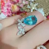 Cluster Rings 2023 Ring Sterling Silver High Carbon Diamond Drop Aquamarine Two Butterfly Opening Jewelry S925