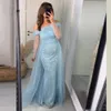 Luxury Sky Blue Mermaid Pearls Prom Pageant Dress 2024 För kvinnor med löstagbart tåg från axeln Evening Formal Party Gowns Vestido de Gala Robe de Soiree