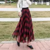 Dresses Women Vintage Plaid Pattern Long Tulle Mesh Skirts Casual High Elastic Waist ALine Pleated Skirts Female 3 Layers Office Skirt