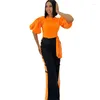 Pantalon de deux pièces pour femmes, superbe ensemble de 2 pièces, manches de citrouille orange, t-shirt à col rond, couleur assortie, été