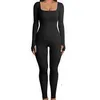 Geribbelde gebreide jumpsuit uit één stuk Dames Effen kleur Lage kraag Lange mouw Elegante bodysuit Yoga Fitness Mode Romper 231227