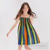 Girls colorful polka dots susepnder dresses kids rainbow stripe dew shoulder princess dress 2024 summer children beach hoilday clothes Z6330