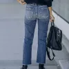 Женские брюки кнопки с высокой талией джинсы Женщины с высокой талией карманные эластичные джинсы брюки свободные джинсовые брюки женская джинсовая ткань