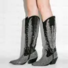 Onlymaker femmes noir genou haute strass bottes Western Cowboy bottes paillettes Bling brillant bloc talon bottes faites à la main 231226