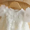 Robes de fille o-cou appliques sans manches ceinture à lacets en lacet les robes d'anniversaire simples robe de robe de bal de princesse à plusieurs niveaux à fleurs élégantes