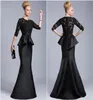 2019 New Black Evening Gowns Sheer Crew High Neck Half Long Sleeves Appliques 레이스 비즈 PEPLUM SHEATH 형식 드레스 FOR5220646