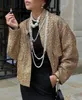 Herbst Winter Metal Color Farb -Pailletten gewebte Jacke für Frauen losen Standkragen Langarm Coat Gold Chic Female Outwear 231227