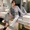 Kvinnor Ice Silk Pyjamas Plaid Tryckt Thin Pyjamas långärmad hemkläder