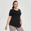 LU grande taille longue tenue hanches mince Yoga t-shirt femme trou de filet beauté dynamitage à manches courtes course haut de fitness vêtements de sport