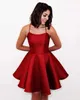 Elegant Short Satin Homecoming-klänningar med fickor A-Line Robes Kne Led Length Spaghetti Prom Party Dress for Girls 231227
