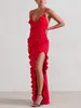 Casual Dresses Red Ruffled Chiffon Lip Dress Backless Front Slit Sexy Women's Long Summer Night Party