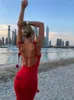 Robes décontractées Élégant Rouge 3D Fleur Spaghetti Strap Maxi Robe Femmes Sexy Dos Nu Sans Manches Moulante Longues Robes De Soirée De Mode