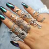 Cluster Rings Bohemia Lotus Rose Flower For Women Black Stone Metal Alloy Knuckle Midi Ring Set Jewelry Anillos 14pcs/set 6391