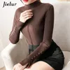 Women's Sweaters Semi Turtleneck Pullover Korean Slim Warm Basic Knitwear Fall Brown Black Sweater Female Button S-XL