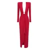 Casual Dresses Celebrity Red Carpet Dress Women Lång ärm Sexig Deep V-ringning Bodycon Maxi Elegant Evening Party Party Wholesale