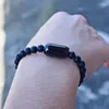 Strand Natural Stone Charm Bracelets Black Stainless Steel Magnetic Clasp Matte Bead Bangle Men Jewelry