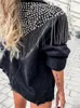 Vrouwen Streetwear Stijl Denim Jas Lente Herfst Lange Mouw Revers Klinknagel Kwastje Losse Koreaanse Jeans Jas Vrouwelijke Zwart Uitloper 231227