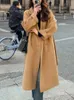 Women's Wool Blends Korean Fashion Women Casual Loose Woolen Coat Elegant and Chic Solid Outerwear Long Overcoat with Belted Female Warm Cloak J231227