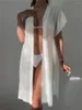 Maillots de bain pour femmes Bikini Cover-ups Blanc Sexy À Manches Courtes Kaftan Robe Lâche 2024 Femmes Solide Noir Voir À Travers Maxi Robes Beachwear