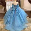 Robe Quinceanera bleue à paillettes, manches bouffantes, avec des Appliques en dentelle rose, épaules dénudées, robe de bal, douce 15