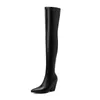 Bottes noires rouges blanches femmes sur le genou en cuir PU bout pointu carré talon haut dames longue mode robe à glissière