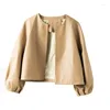 Veste en cuir à manches lanternes en peau de mouton pour femme, Cardigan court à col rond, Promotion automne 2023